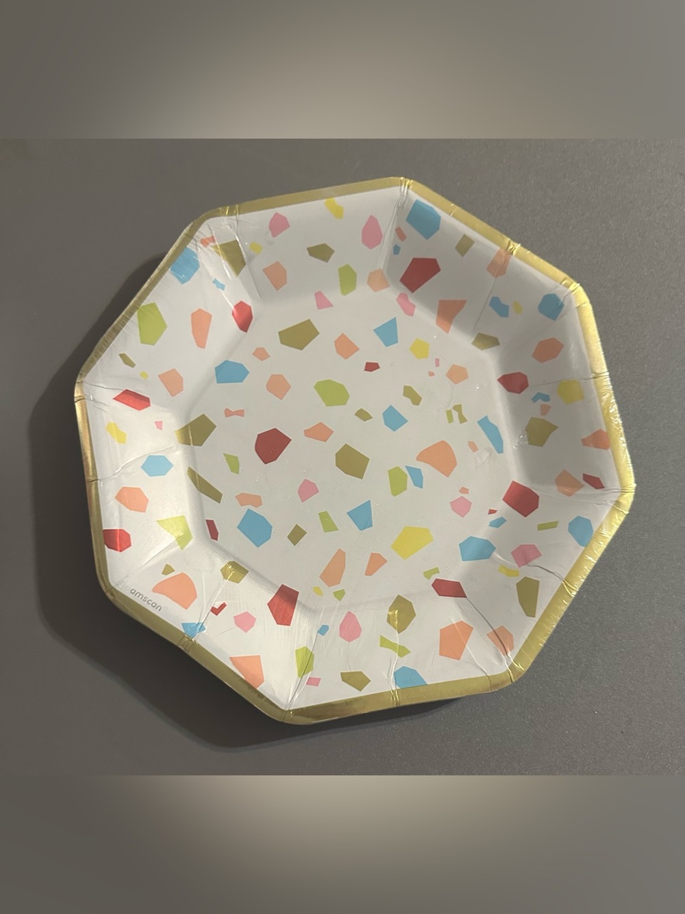 Amscan Confetti Paper Plates in Gold Rim and Multicolor Sprinkles